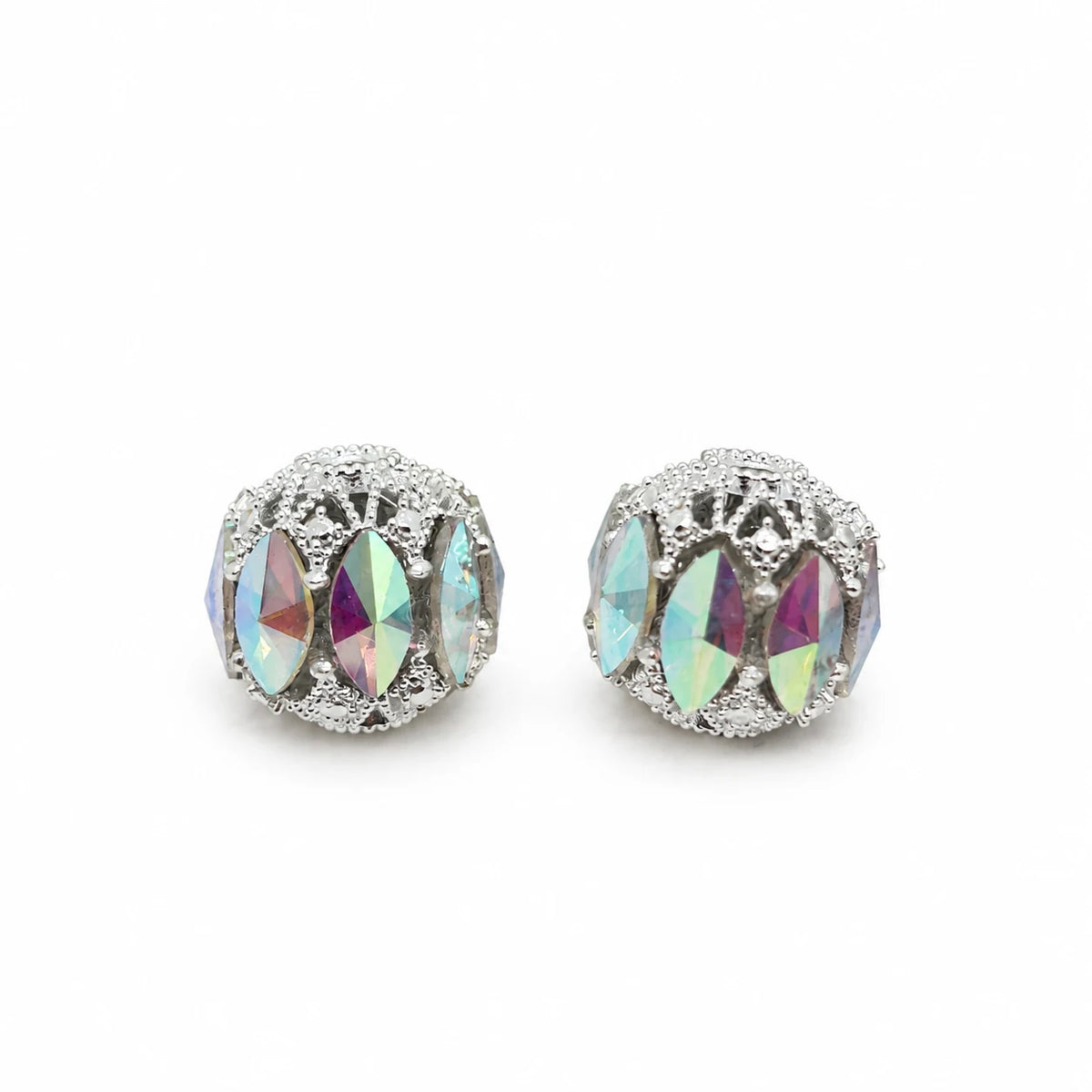 Iridescent AB filigree focal beads with marquise-shaped accents and silver-tone detailing