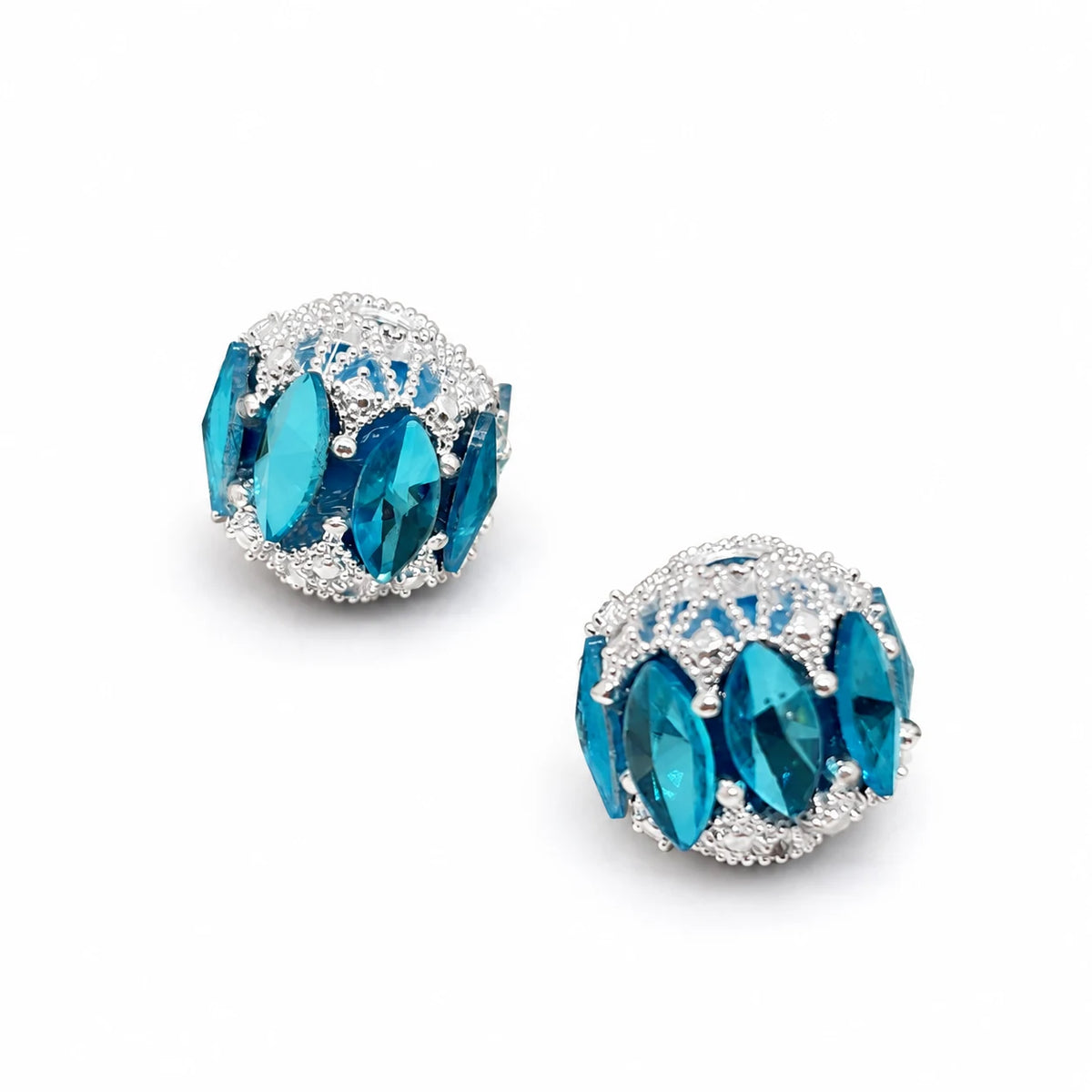 Lake Blue filigree focal beads with marquise-shaped accents and silver-tone detailing