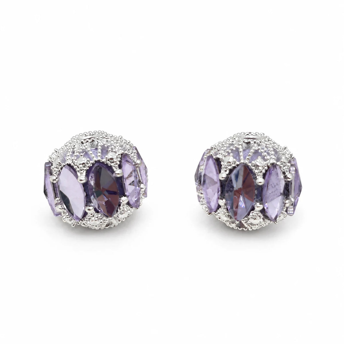 Purple filigree focal beads with marquise-shaped accents and silver-tone detailing