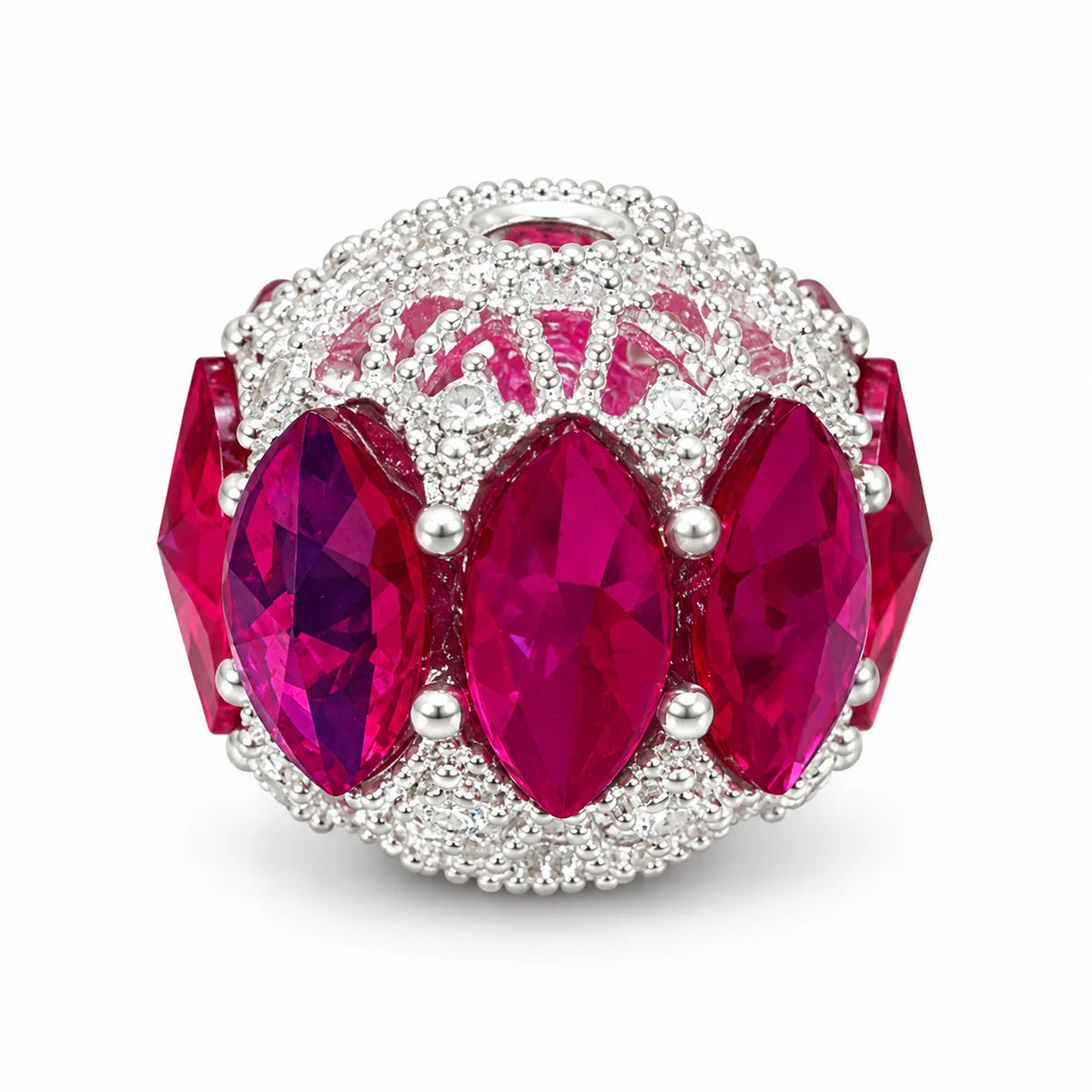 Rose Pink (Magenta) filigree focal beads with marquise-shaped accents and silver-tone detailing