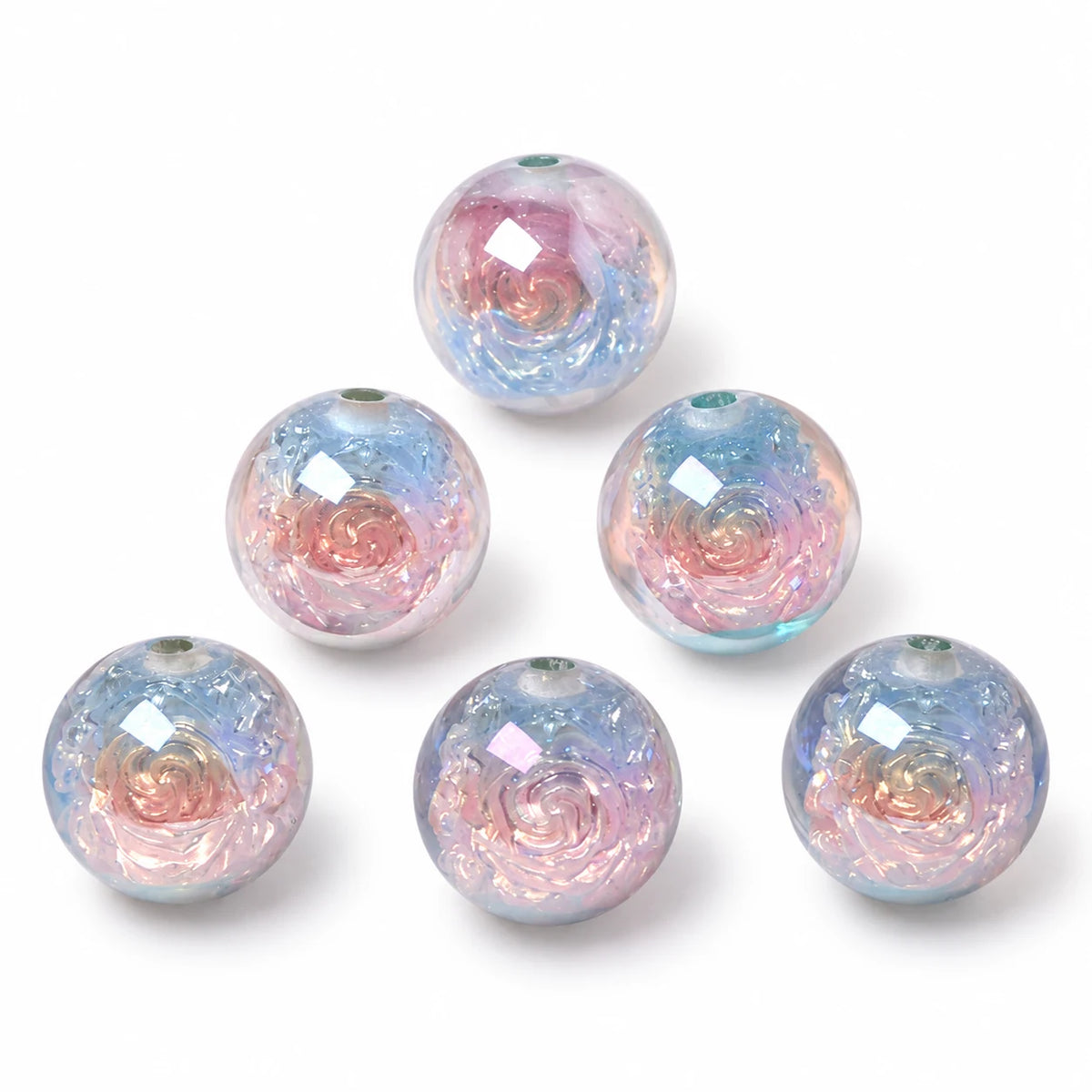 Light Blue & Light Pink 16mm pearlescent resin beads with rose details