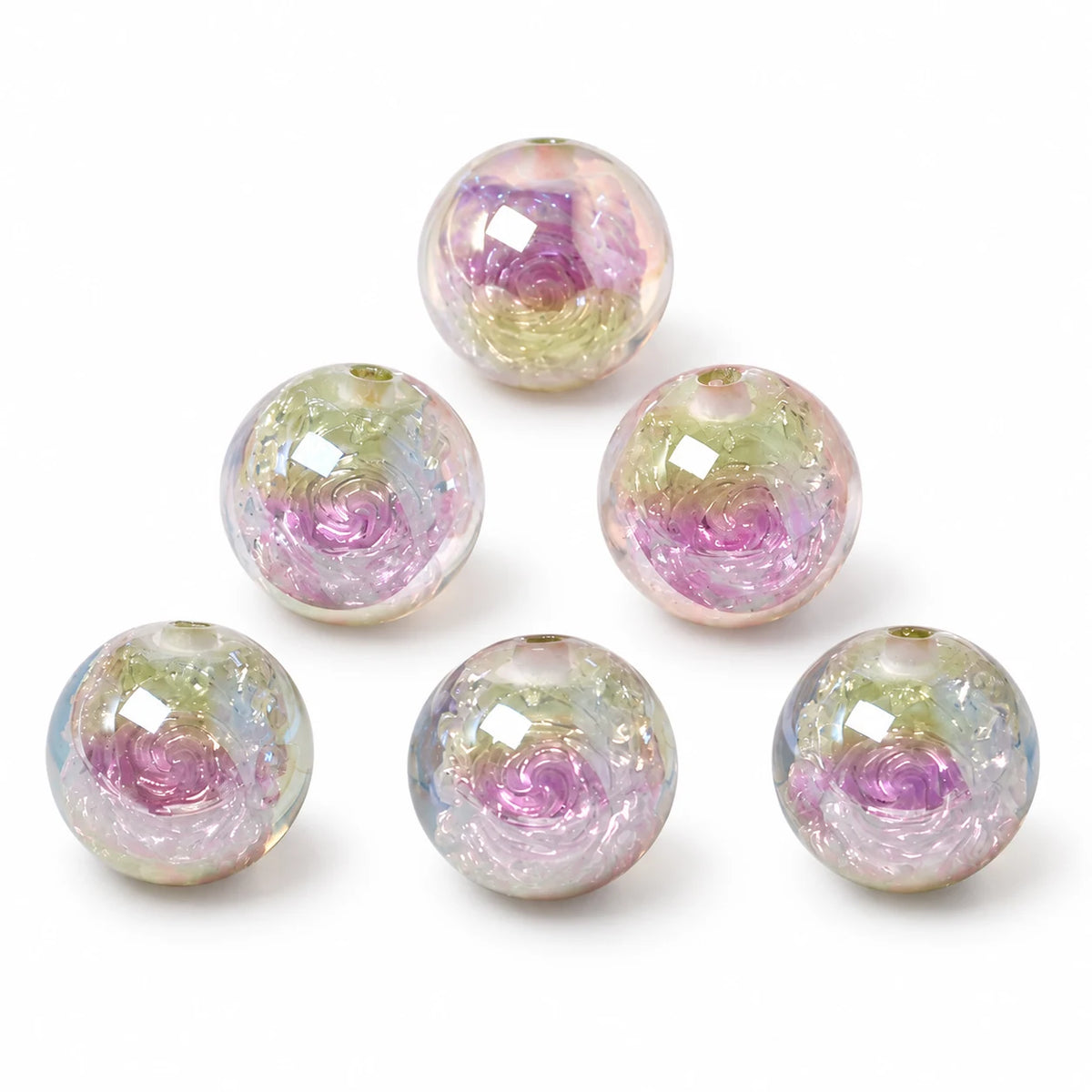 Light Green & Purple 16mm pearlescent resin beads with rose details