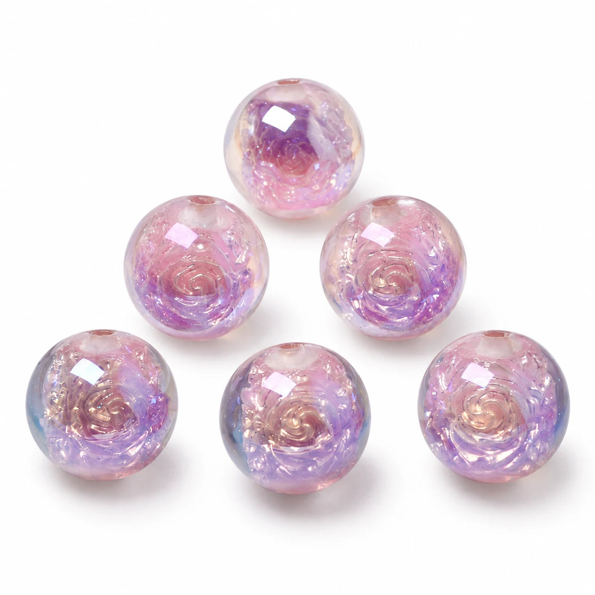 Light Pink & Purple 16mm pearlescent resin beads with rose details