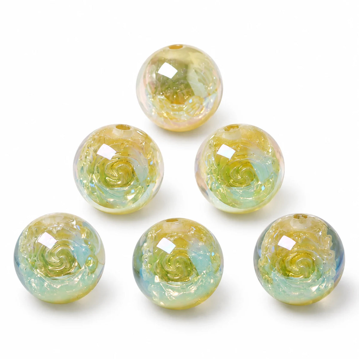 Light Yellow & Green 16mm pearlescent resin beads with rose details