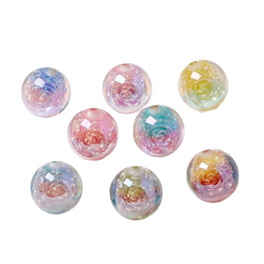 Example assortment of 16mm pearlescent resin rose beads in eight color combinations