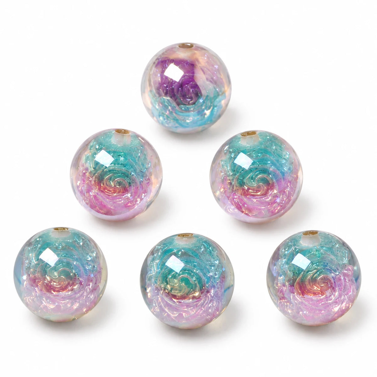 Teal, Pink & Purple 16mm pearlescent resin beads with rose details